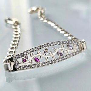 Sterling silver leaves design and cubic zirconia bracelet I.D. curb links chain